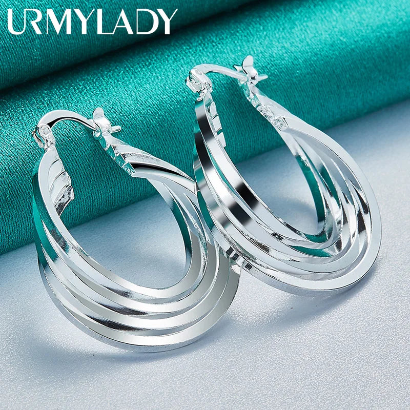 URMYLADY 925 Sterling Silver 25mm Multiple Rings Earrings Ear Loops for Women Charm Wedding Engagement Fashion Party Jewelry