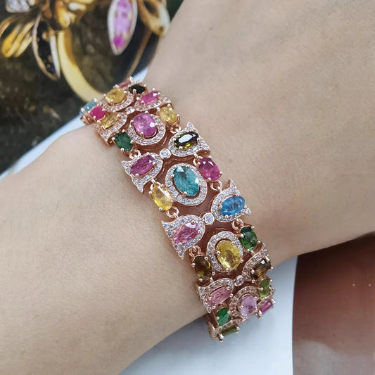 Rose Gold Color Rainbow Colorful Zirconia Bracelet for Women Girls 22CM Long Luxury Wedding Bangle Vintage Party Jewelry Gift