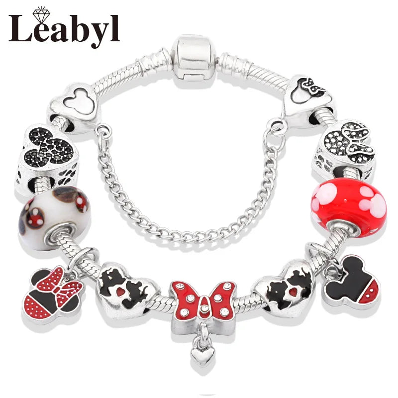 New In Cartoon Mickey Minnie Pendant Charm Bracelet Heart Bowknot Beaded Bracelets & Bangles