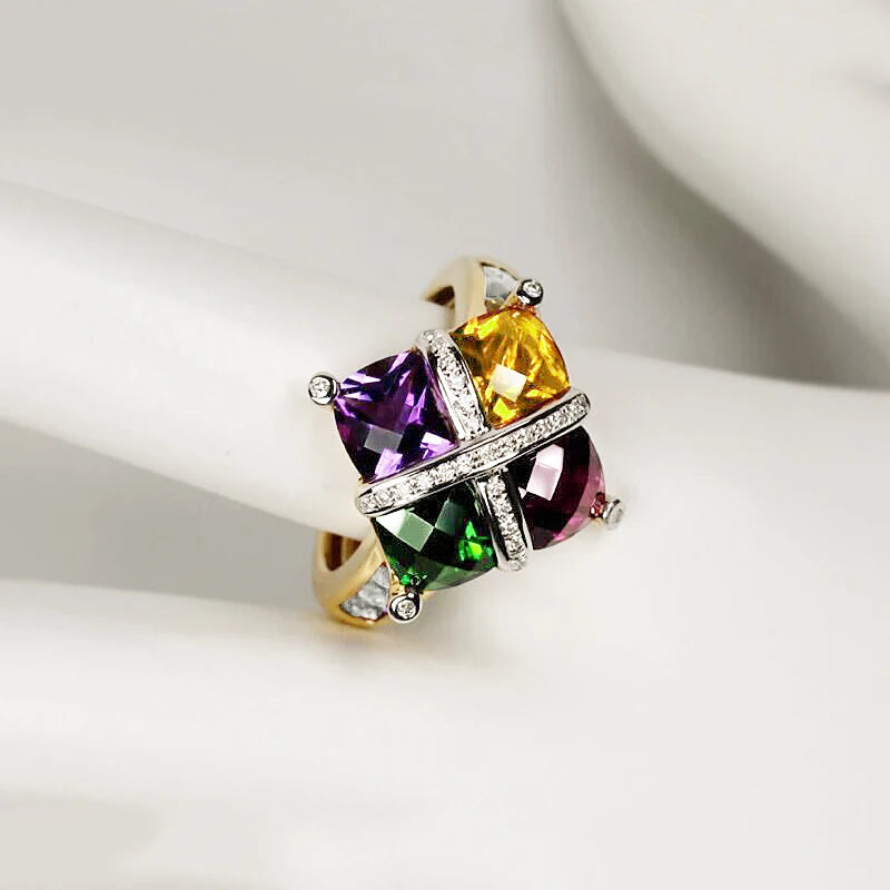 2022 NEW Fashion 18K Gold Colorful Amethyst Topaz Emerald Ruby Couples Ring For Women Full Diamond Engagement Party Gift Jewelry