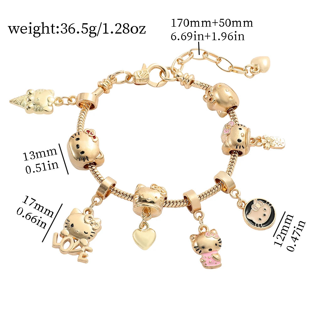 Hello Kitty Charms Bracelets for Women, Anime Figure, Beads Pendant, Hand Chains, Kawaii, Sanrio, Fashion Bangles Accessories