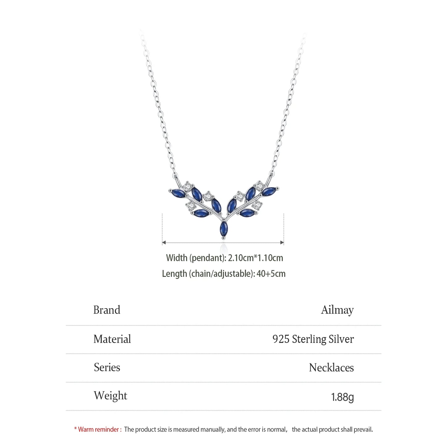 Ailmay  Genuine 925 Sterling Silver Blue Leaf Pendant Necklace For Women Girl Charm Wedding Party Jewelry