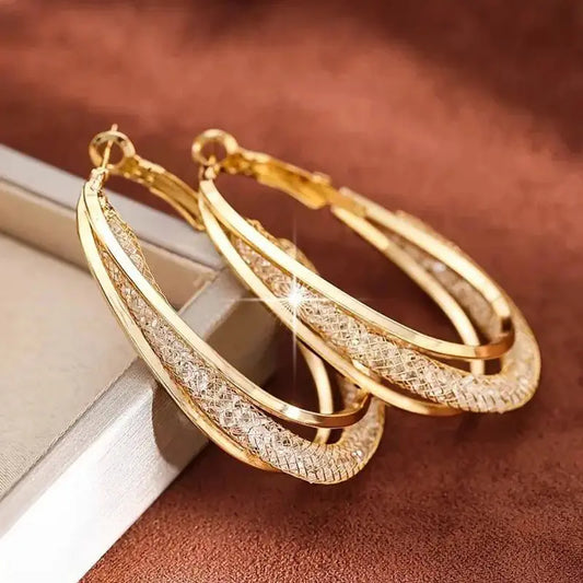 Gold Color Crystal Stone Hoop Earrings Twisted Metal Shape Silver Plating New Fashion Women Earrings Party Jewelry Birthday Gift