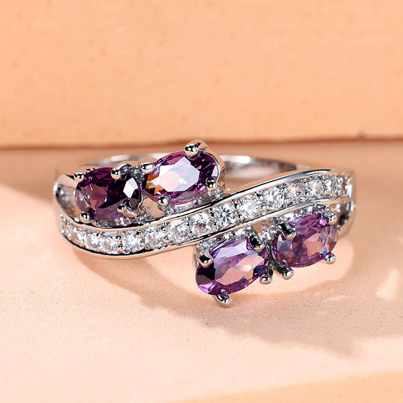 Luxury Female Crystal Purple Oval Zircon Stone Engagement Ring Cute Wedding Jewelry For Women