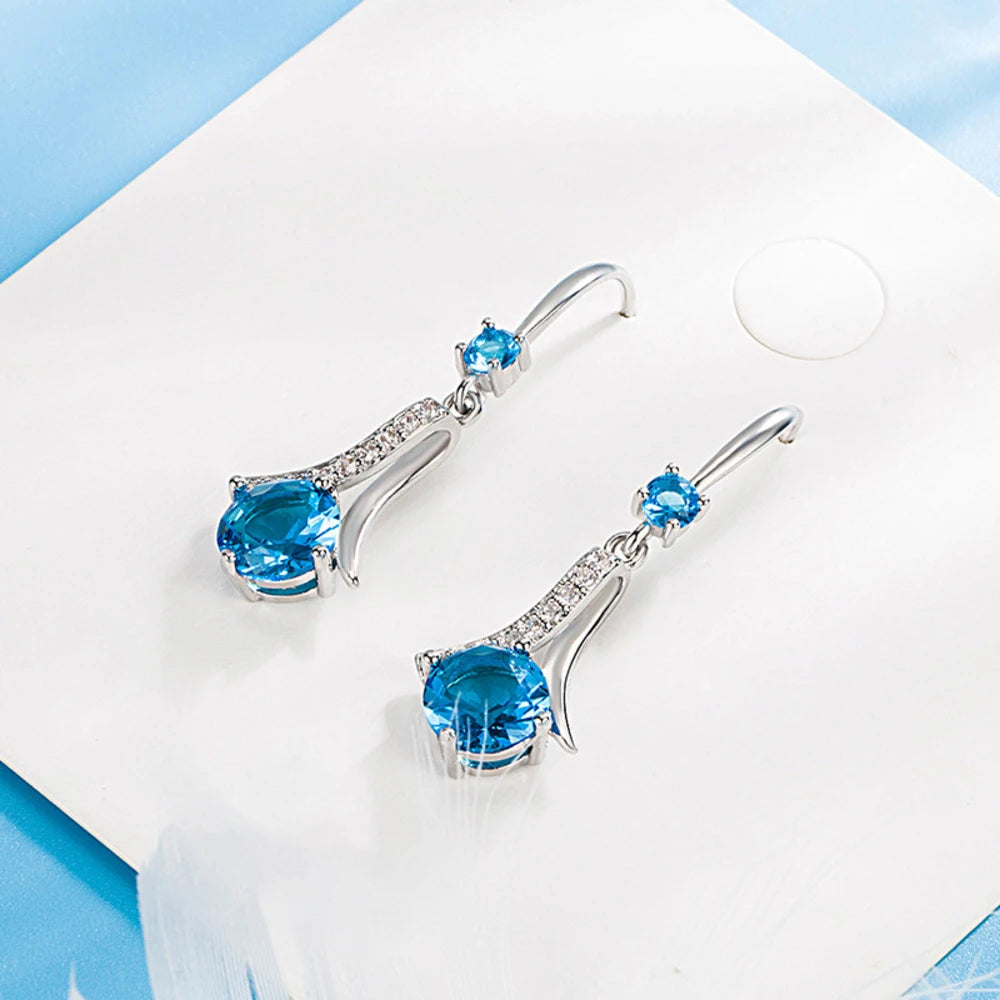 WOSIKATE Korean Blue Crystal Drop Earrings For Women 925 Sterling Silver Fashion Jewellery Elegant Long Ear Hooks Accessories