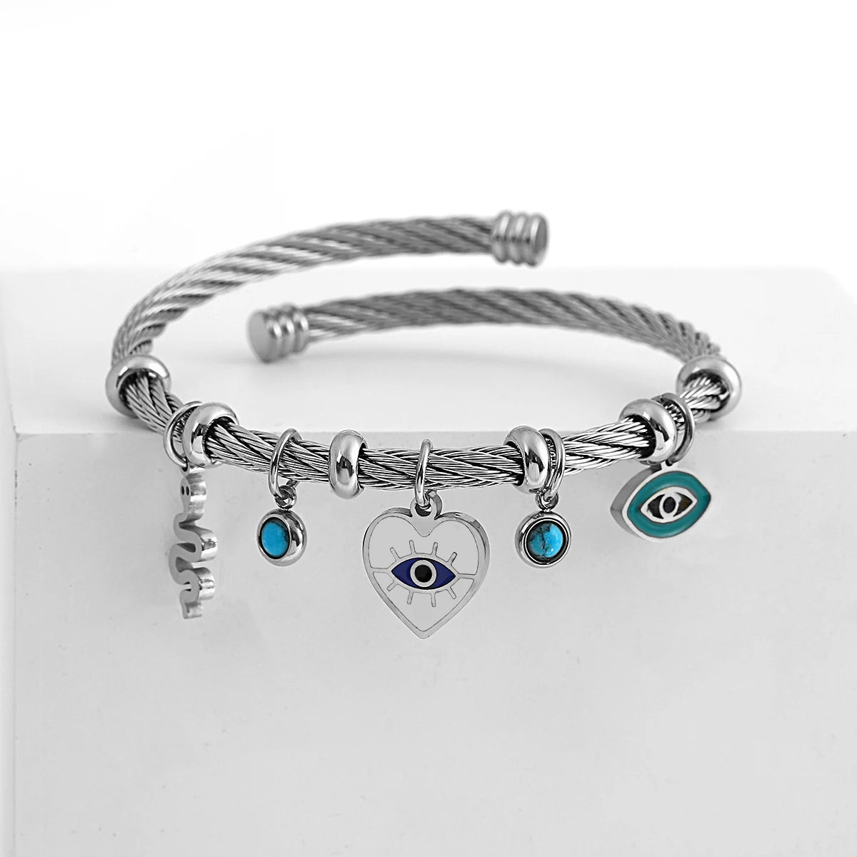 Flashbuy Enamel Snake Heart Evil Eye Stainless Steel Charm Bangles Bracelets for Women Gold Plated Waterproof Fasion Jewelry