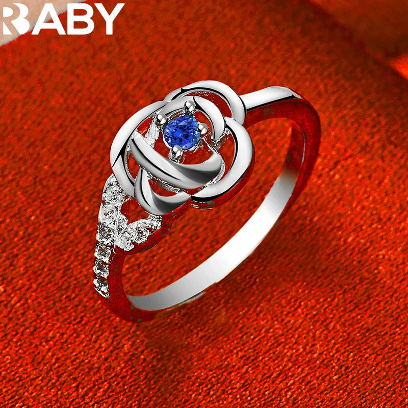 URBABY 925 Sterling Silver Rose Blue AAA Zircon Ring For Women Jewelry Wedding Engagement Band Fashion Party Charms Accessories