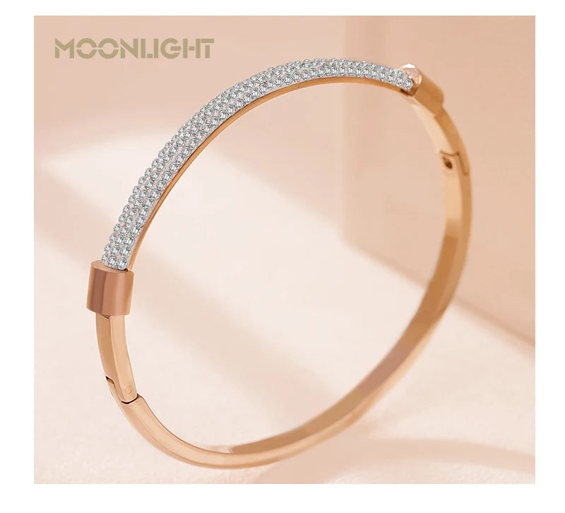 MOONLIGHT Fashion Cubic Zirconia Cuff Bangles for Women Trendy Titanium Steel Circular Classic Bracelet Female Jewelry Gift