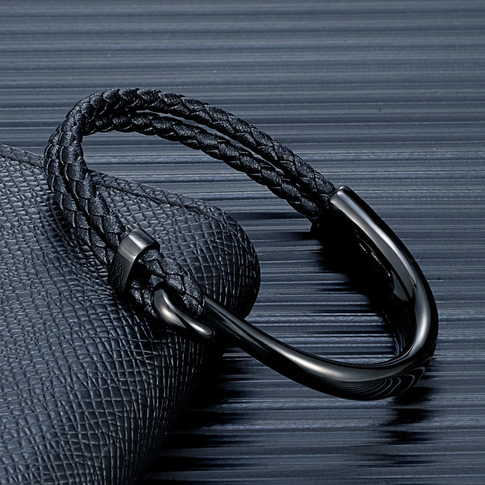 Trendy Black Braided Leather Bracelet Non-fading Polished Stainless Steel Hook Classic Cuff Charm Bracelet for Men Male Gifts