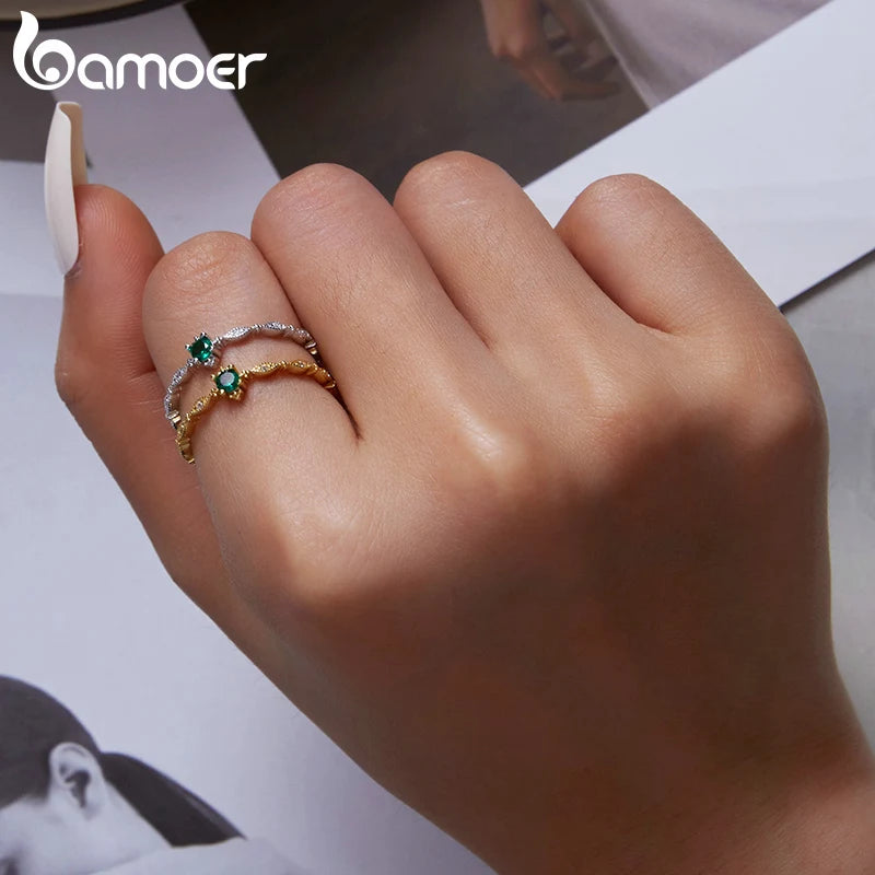 BAMOER 925 Sterling Silver Plating 14k Gold Women Ring Inlaid with Green Zirconium Fine Jewelry Trendy Tail Ring Wedding Gift