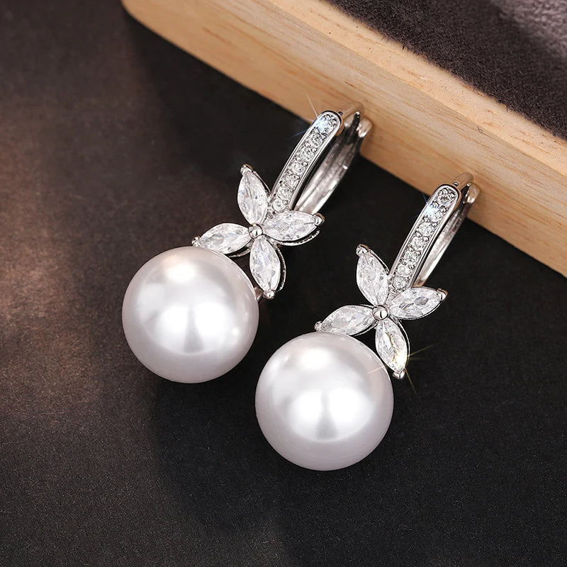 Huitan Gorgeous Drop Earrings for Wedding Women Simulated Pearl Pendant Accessories with Bright Zirconia Luxury Graceful Jewelry