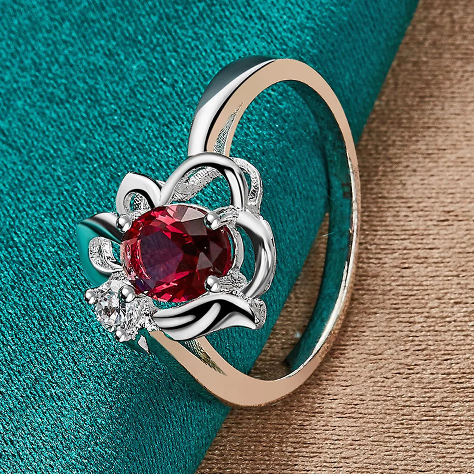 URMYLADY 925 Sterling Silver Flower Ruby 7-10# Ring For Women Wedding Engagement Fashion Charm Jewelry