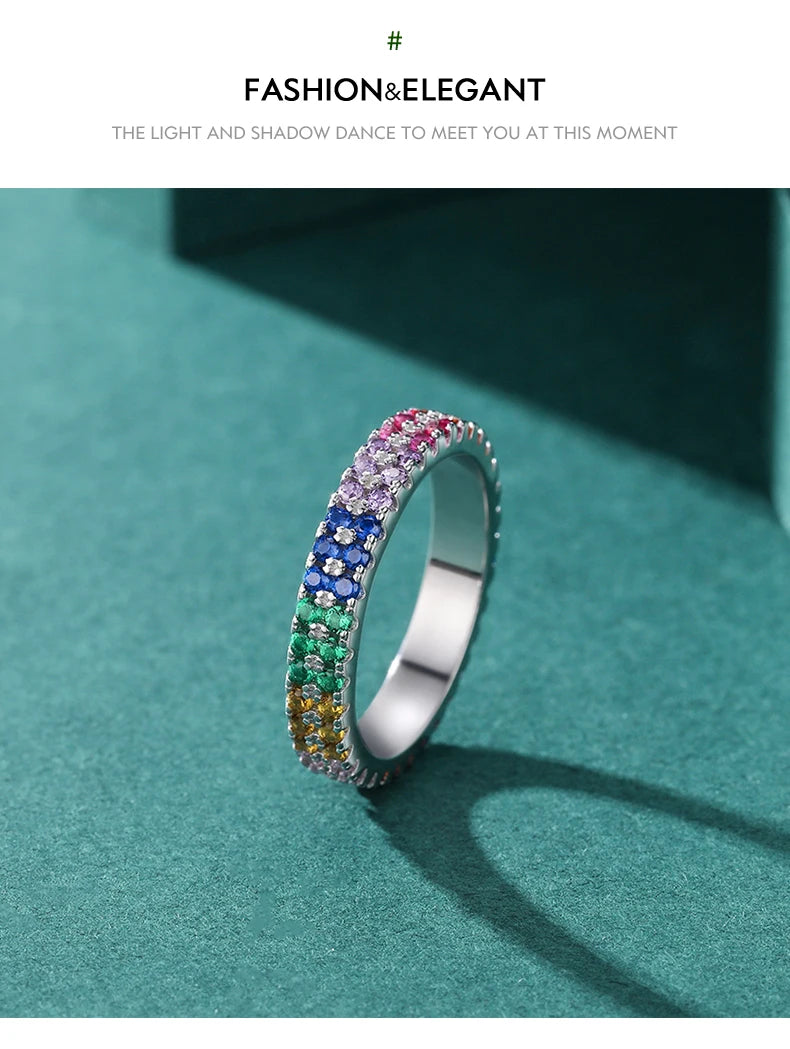 MODIAN Pure 925 Sterling Silver Bright Multi-color Cubic Zirconia Fashion Eternity Rings For Women Rainbow Color Fine Jewelry