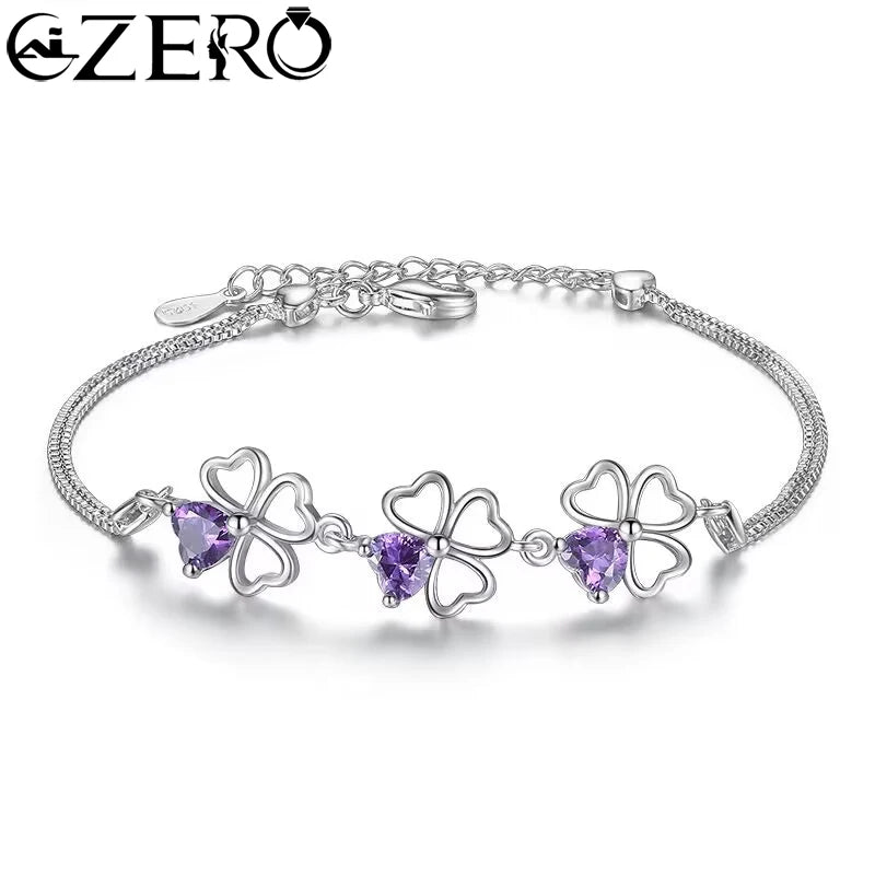 NEW Fine 925 Sterling Silver Purple Crystal Lucky Clover Bracelets for Women Fashion Party Wedding Accessories Jewelry 17CM+4CM