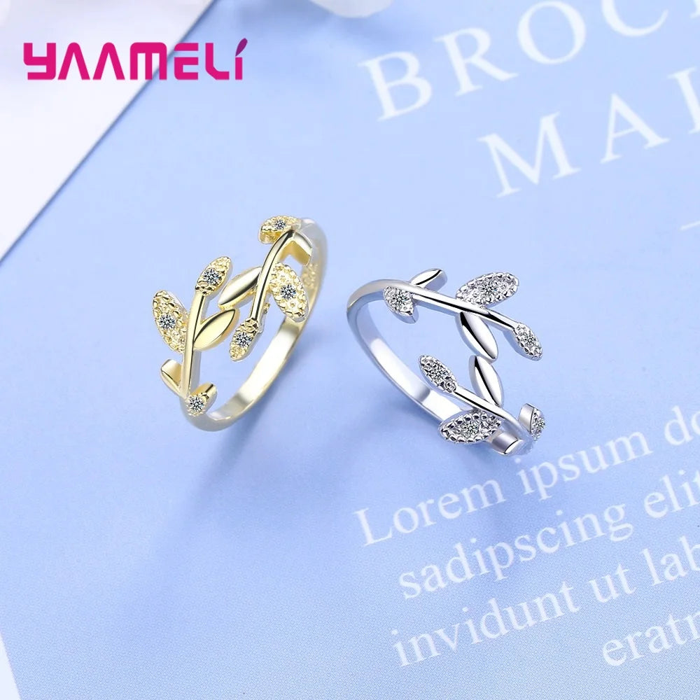 New Crystal 925 Sterling Silver Tree Branch Leaf Adjustable Finger Wedding Rings S925 Zircon Open Ring Glamour Jewelry Gift