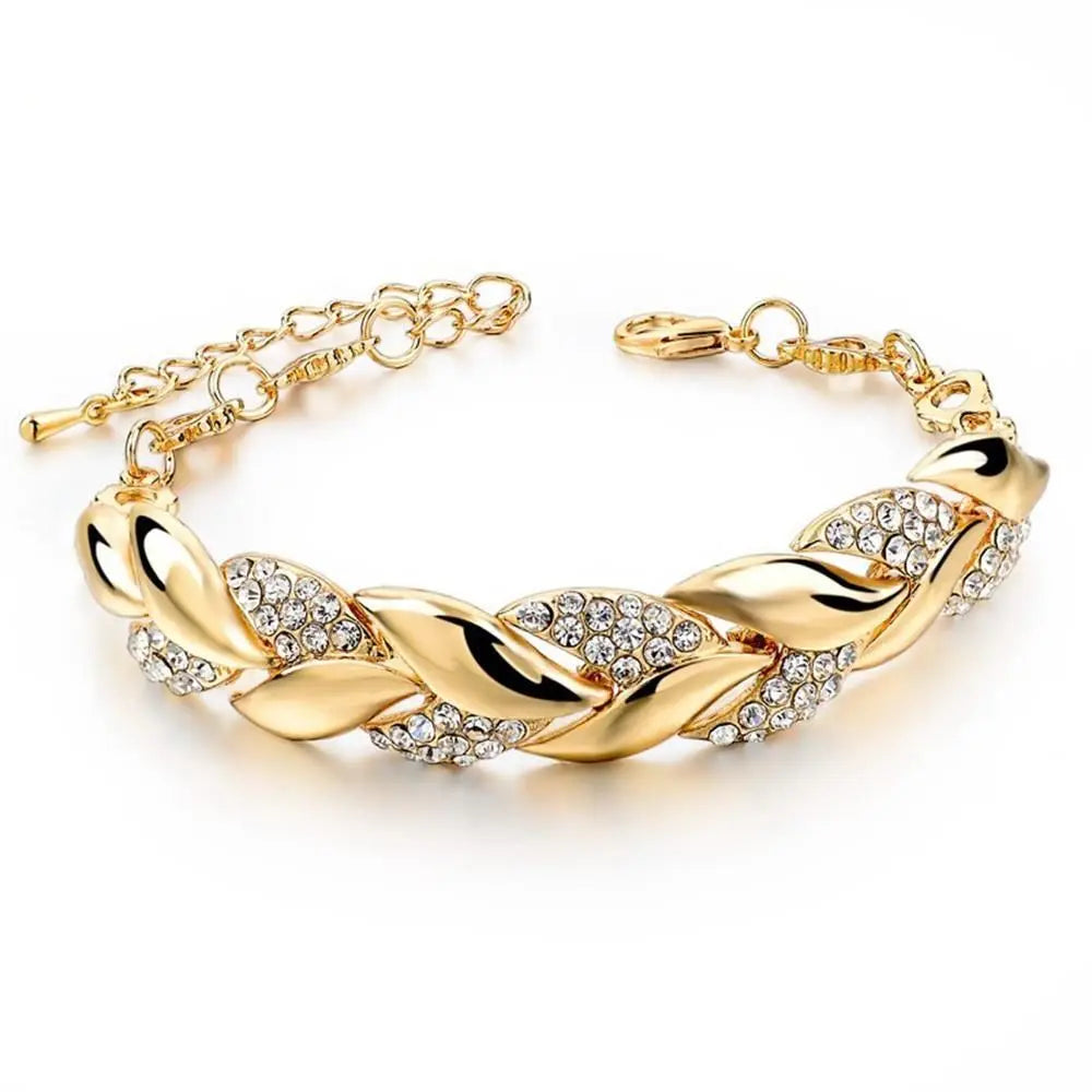 Luxury Fashion 18K Gold Braided Leaf Bracelets Bridal Wedding Jewelry Shiny Crystal Bangle