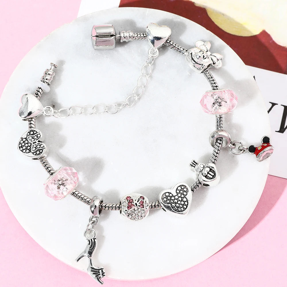 Disney Cute Pink Crystal Mickey Minnie Charm Bracelet Silver Color Heart Bead Bracelets for Women Girl Fashion Jewelry Gift