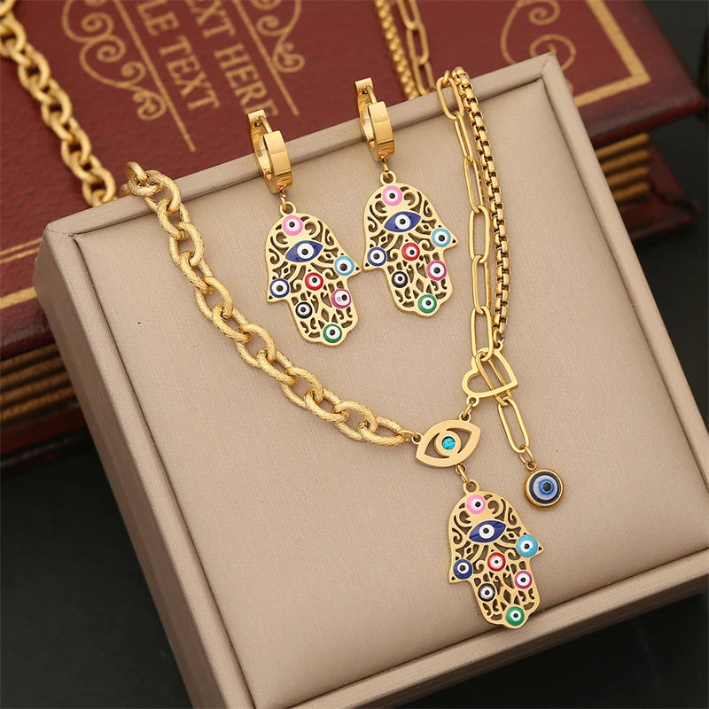 316L Stainless Steel New Fashion Fine Jewelry Zircon Colorful Eyes Palm Heart Charm Chain Necklaces Bracelets Earrings For Women