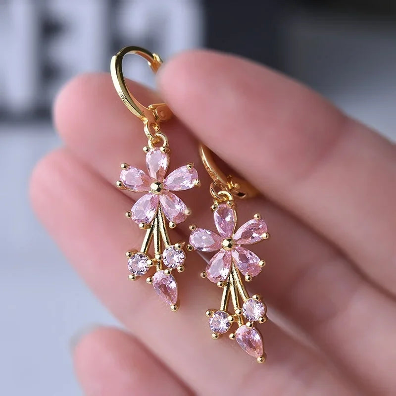 Luxury Gold Color Flower Shape Women Drop Earrings Inlaid Shiny Multicolour Cubic Zirconia Top Quality Fashion Banquet Jewelry