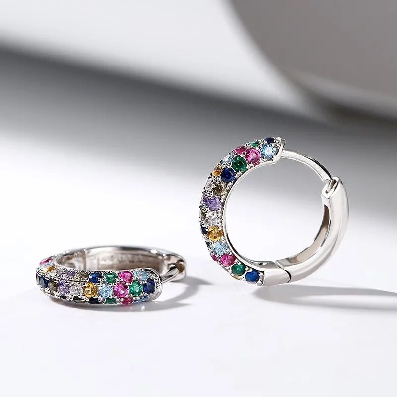 New Fashion Silver Plate Round Mini Earrings Set Half Hoop Colorful Zircon Ladies Luxury Jewelry Hoop Earrings for Woman Gifts