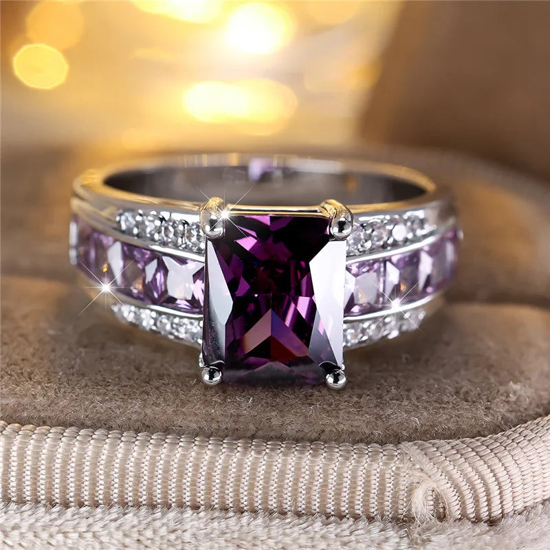 Charm Female Square Purple Zircon Stone Engagement Ring Silver Color Wedding Jewelry For Women