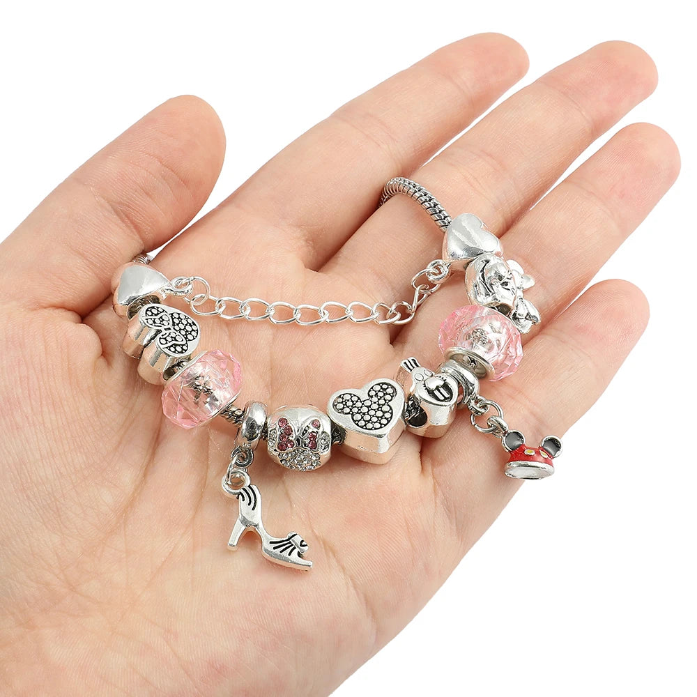 Disney Cute Pink Crystal Mickey Minnie Charm Bracelet Silver Color Heart Bead Bracelets for Women Girl Fashion Jewelry Gift