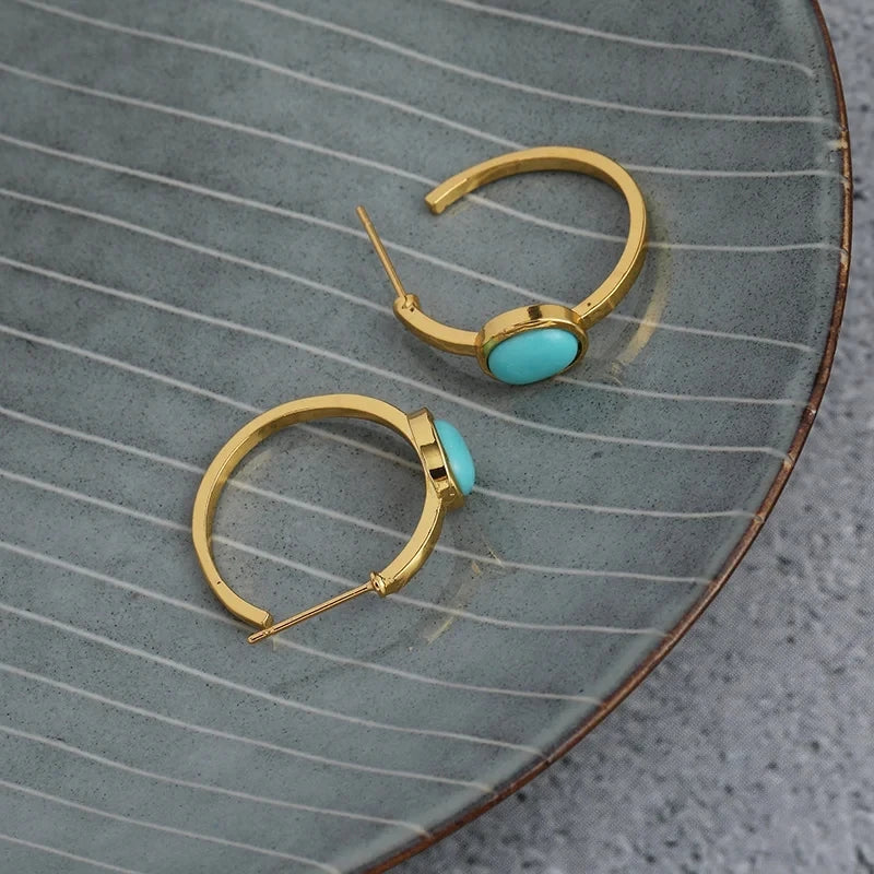 Classic Vintage Oval Turquoise Hoop Earrings Women's Delicate Jewelry Gifts For Her 1Pair