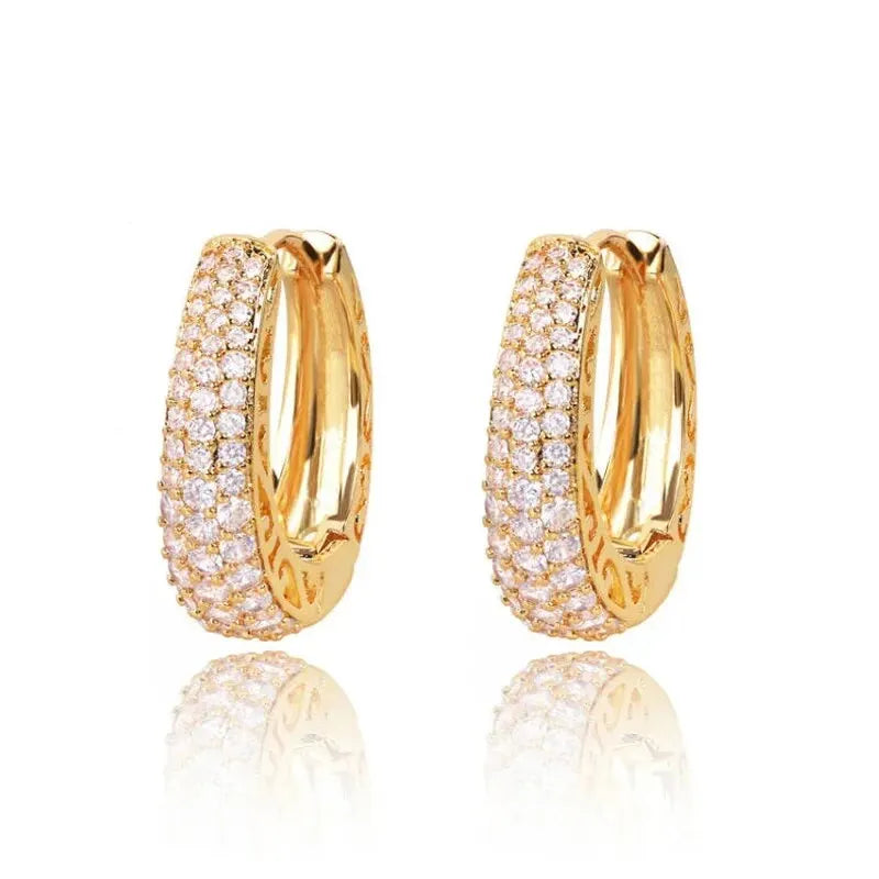 Full Sparkling Zircon Inlaid Golden Hoop Earrings Retro Elegant Style 18K Gold Plated Jewelry Female Gift