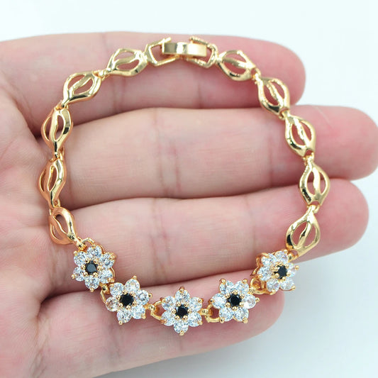 Fashion Gold Color Black Cubic Zirconia CZ Flower Charm Bracelet for Women