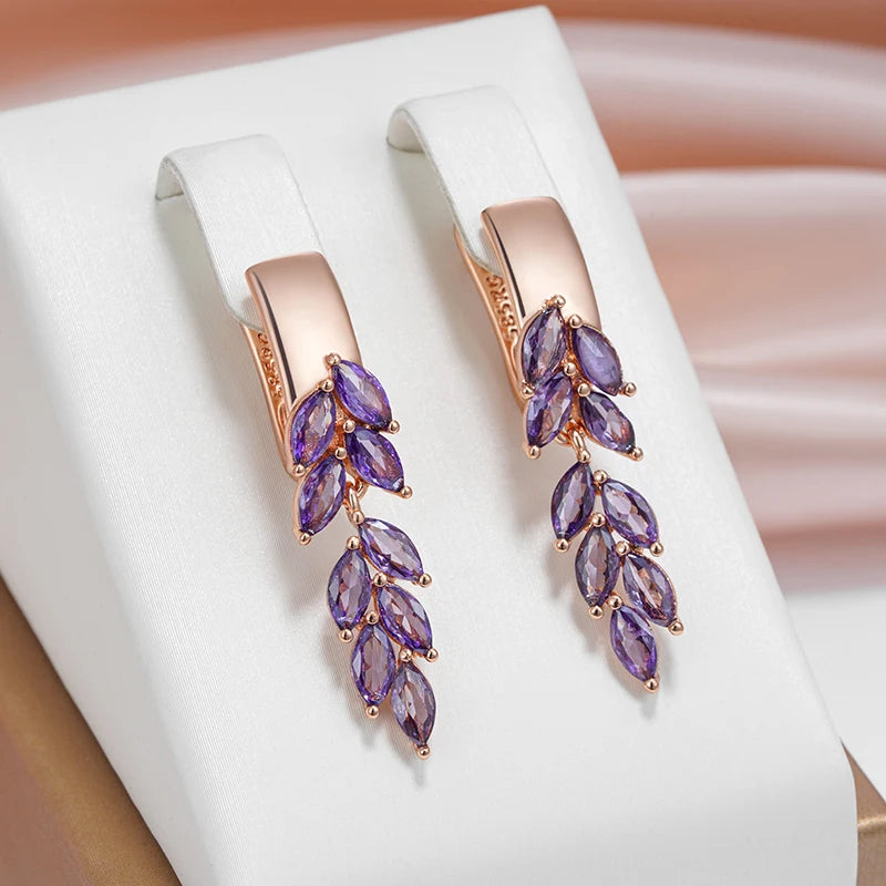 SYOUJYO Purple Natural Zircon Leaf-Shaped Dangle Earrings For Women 585 Rose Gold Color Fashion Jewelry