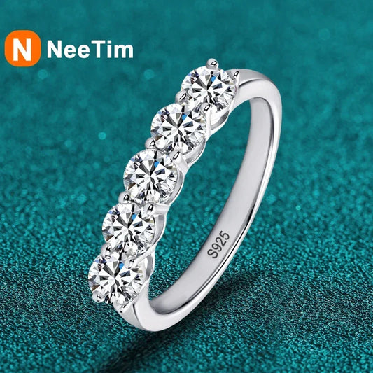 NeeTim Full 4mm Moissanite Ring for Women 5 Stones Diamond Wedding Band Bride S925 Sterling Silver with White Gold Plated Rings