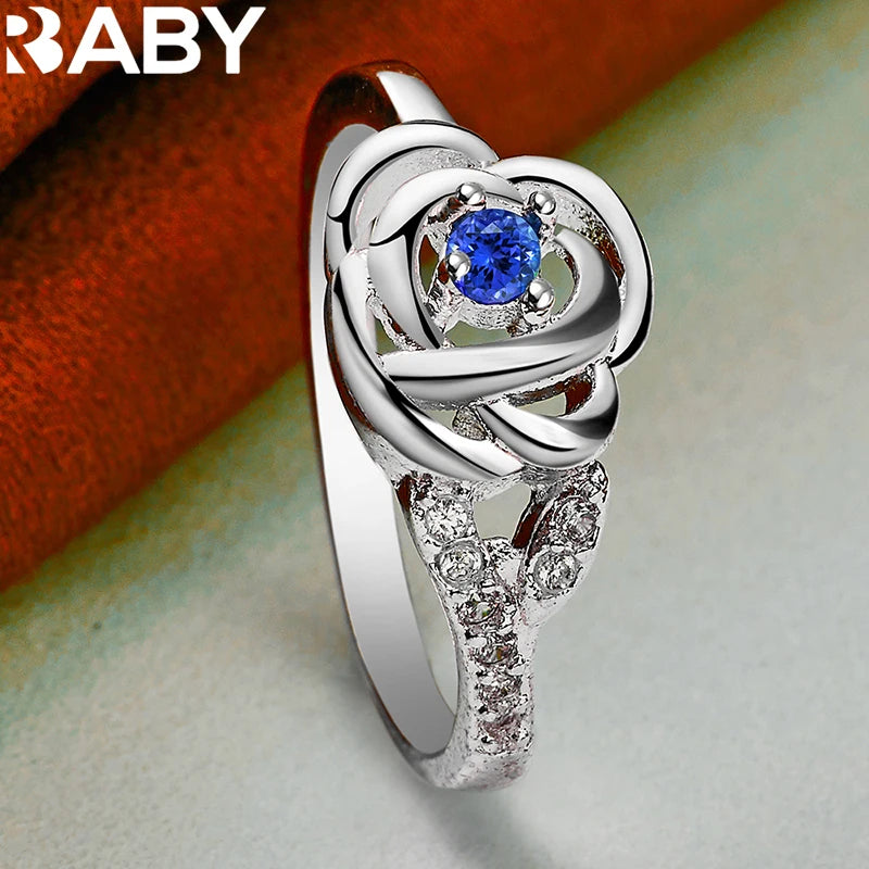 URBABY 925 Sterling Silver Rose Blue AAA Zircon Ring For Women Jewelry Wedding Engagement Band Fashion Party Charms Accessories