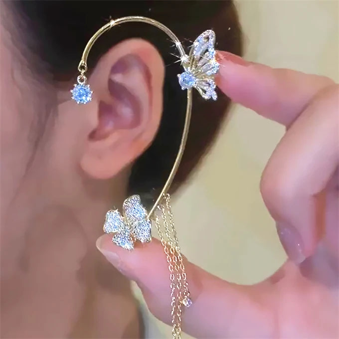 Glamour Butterfly Crystal Clip Earrings Korean French Flower Fringed Super Fairy Sweet Ear Clip Earrings Fashion Design Women's