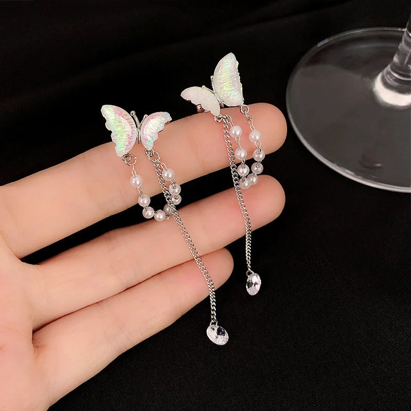 Y2K Fairy Zircon Shell Butterfly Tassel Ear Clips Angel Ear Bone Clip Earring Elf Female Pearl Dangle Earrings Fashion Jewelry