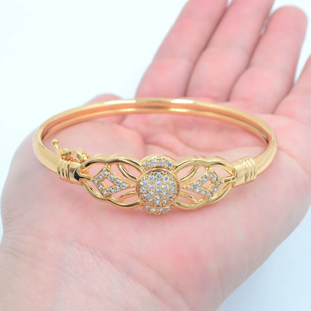 Fashion Gold Color Clear CZ Flower Charm Bangle Bracelet for Women