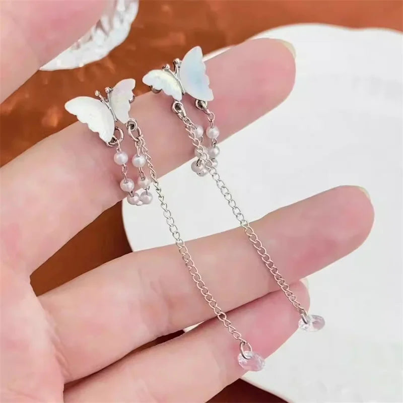 Y2K Fairy Zircon Shell Butterfly Tassel Ear Clips Angel Ear Bone Clip Earring Elf Female Pearl Dangle Earrings Fashion Jewelry