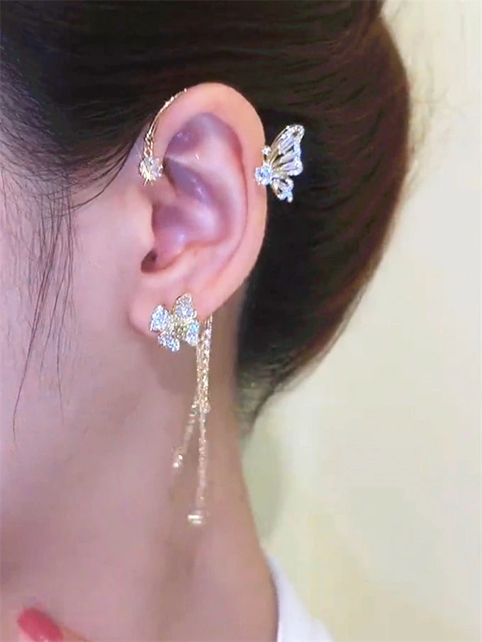 Glamour Butterfly Crystal Clip Earrings Korean French Flower Fringed Super Fairy Sweet Ear Clip Earrings Fashion Design Women's