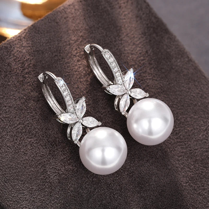 Huitan Gorgeous Drop Earrings for Wedding Women Simulated Pearl Pendant Accessories with Bright Zirconia Luxury Graceful Jewelry