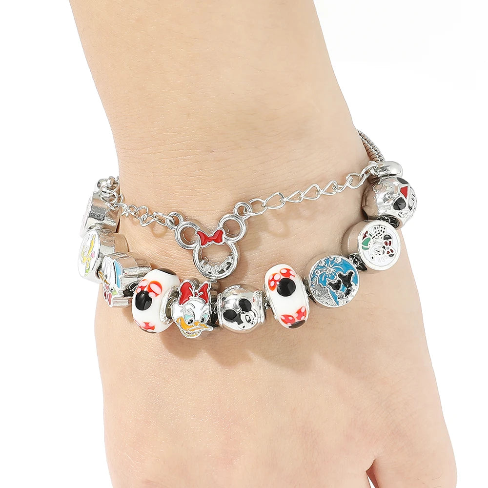 Disney Classic Design Mickey Minnie Charm Bracelet Silver Color Round Women Girl Fashion Jewelry Bracelet Pulsera Mujer