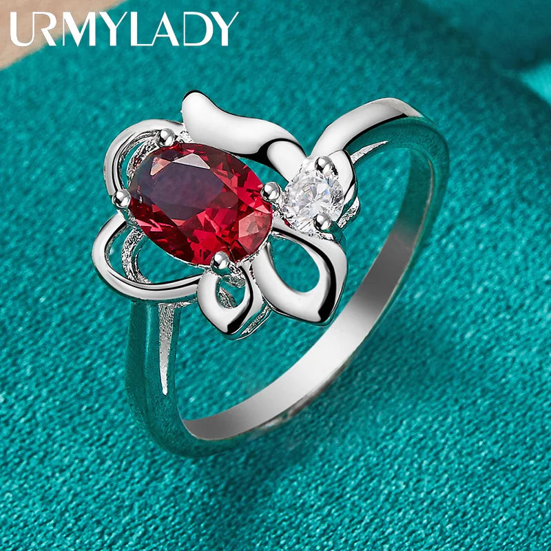 URMYLADY 925 Sterling Silver Flower Ruby 7-10# Ring For Women Wedding Engagement Fashion Charm Jewelry