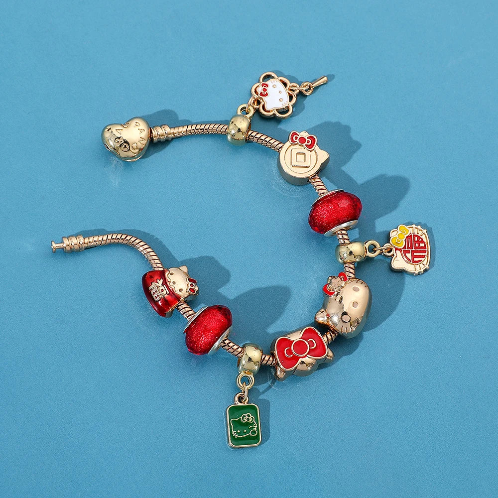 Sanrio Hello Kitty Cute Bow Etc Pendant Bracelet Anime Cartoon Characters KT Cat Kawaii Pendant Bracelet for Women Girl Gifts