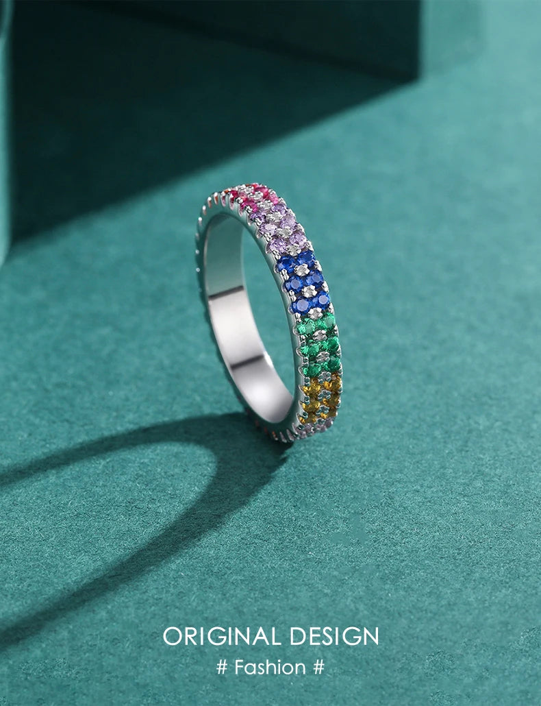 MODIAN Pure 925 Sterling Silver Bright Multi-color Cubic Zirconia Fashion Eternity Rings For Women Rainbow Color Fine Jewelry