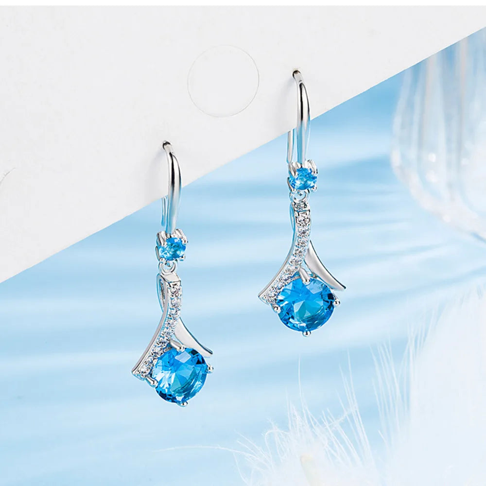 WOSIKATE Korean Blue Crystal Drop Earrings For Women 925 Sterling Silver Fashion Jewellery Elegant Long Ear Hooks Accessories