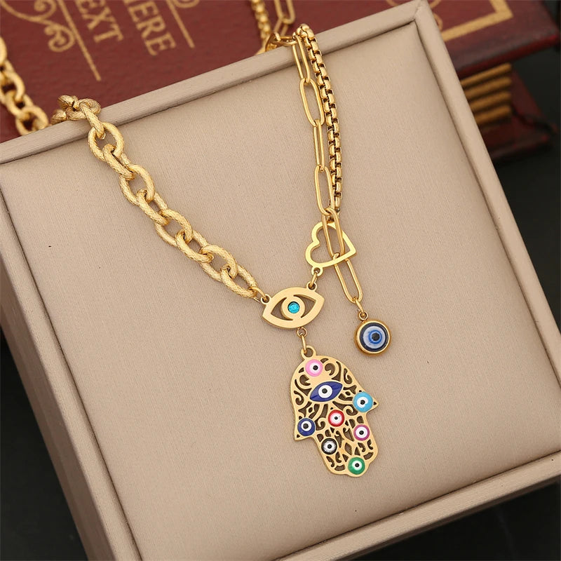 316L Stainless Steel New Fashion Fine Jewelry Zircon Colorful Eyes Palm Heart Charm Chain Necklaces Bracelets Earrings For Women