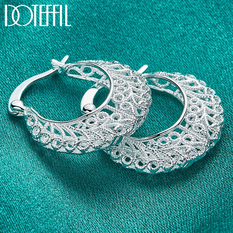 DOTEFFIL 925 Sterling Silver Hollow Flower U Circle Earrings For Women Lady Best Gift Fashion Charm Silver Wedding Jewelry