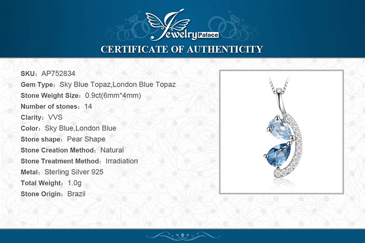 JewelryPalace Natural Sky London Blue Topaz 925 Sterling Silver Pendant Necklace for Woman Fashion Gemstone Choker Without Chain