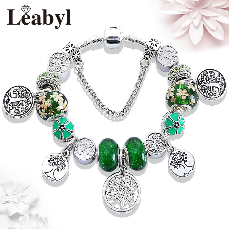 Dropshipping Silver Color Tree of Life Fashion Bead Bracelets Green Leaf Floral Crystal Charm Bracelet & Bangle Pulsera Jewelry