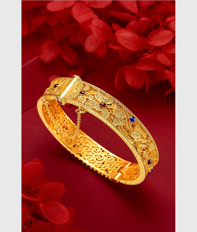 Luxury 24k Bracelet Color for Women Roasted Blue Silk Orchid Bangle Pure Gold Colo Bracelets Wedding Anniversary Fine Jewelry