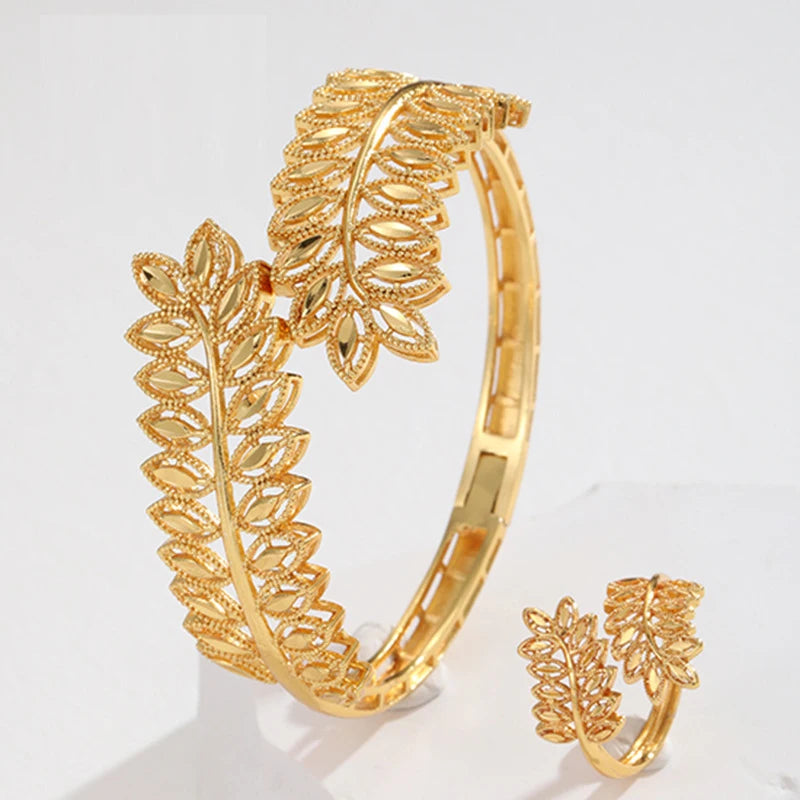 Copper Plating Gold Bracelet Ring Saudi Trendy  Bangle Bracelet for Bridal Leaves Design Cuff Bracelet  Arabic Luxury Jewelry