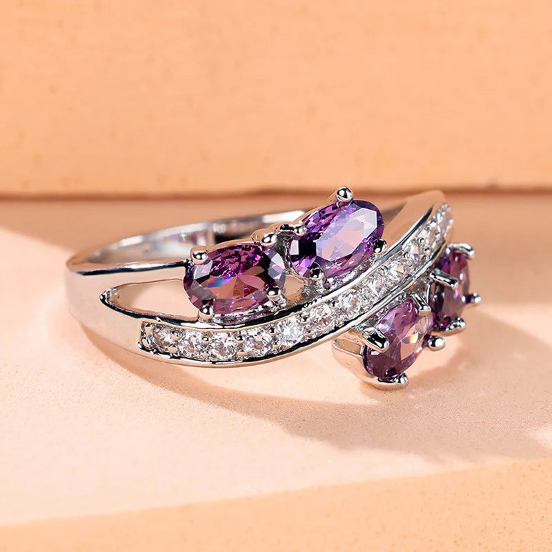 Luxury Female Crystal Purple Oval Zircon Stone Engagement Ring Cute Wedding Jewelry For Women